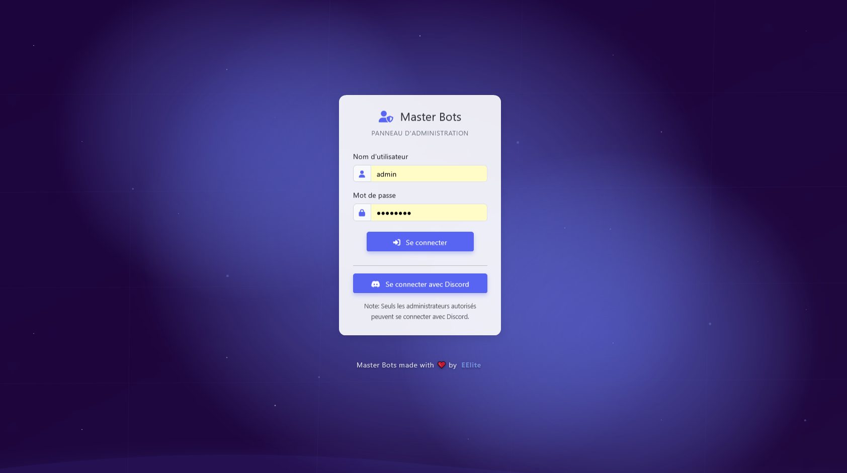 Interface de connexion Master Bots